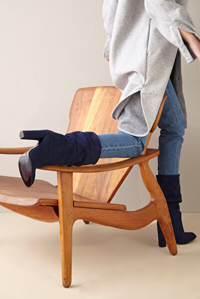 AYAKKABI PRENSİ Senza Körüklü Süet Lacivert Süet Lacivert Suet 10 Cm Kadın Bot & Bootie, Topuklu Ayakkabı