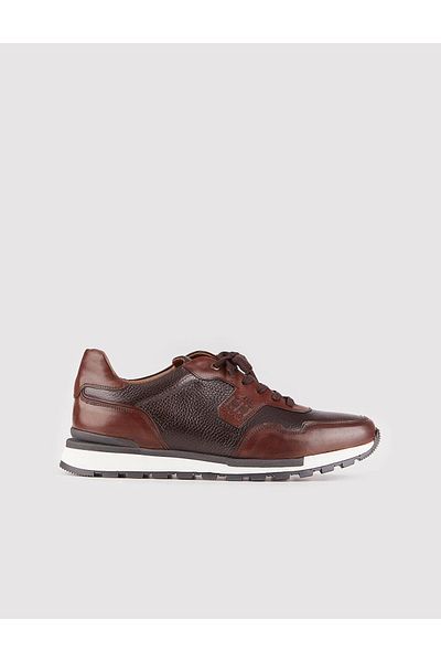 Cabani Genuine Leather Special Design Brown Lace-Up Men's Sports Shoes
