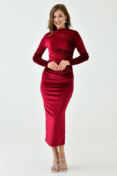lovebox Shirring Detail Wide Collar Pencil Cut Midi Long Sleeve Stretchy Velvet Fabric Burgundy Evening Dress 3660