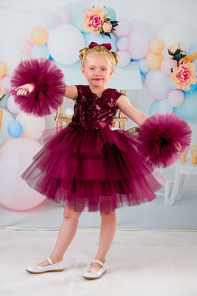 Delfini kids Rochie de seara pentru fete cu maneci cu catarama si pompon - rochie de petrecere si zi de nastere
