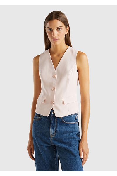 United Colors of Benetton Women's Powder Pink Covered Pocket Design 3-Button V-Neck Vest