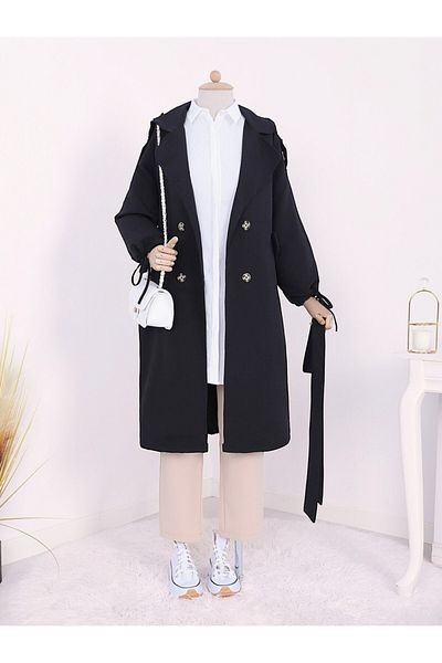 Modamorfo Schwarzer Trenchcoat mit Kappe, Taschen und Schnürung