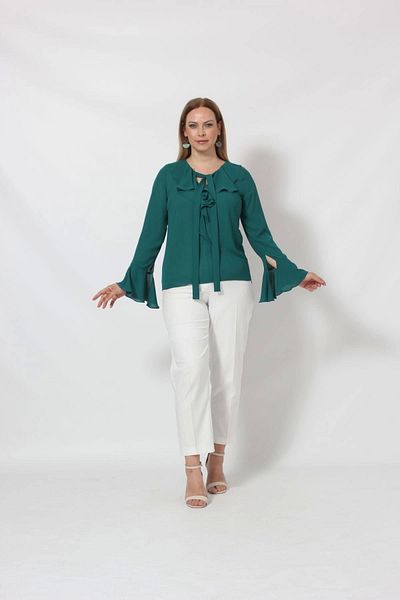 Moda Berray 3241-5Y Green Spanish Sleeve Neck Tie Detailed Blouse