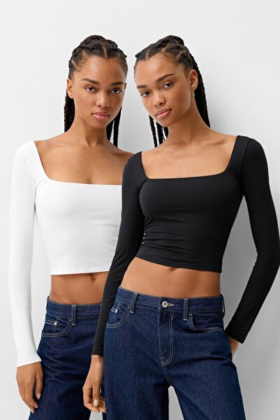 Bershka 2’li kare yaka uzun kollu t-shirt paketi