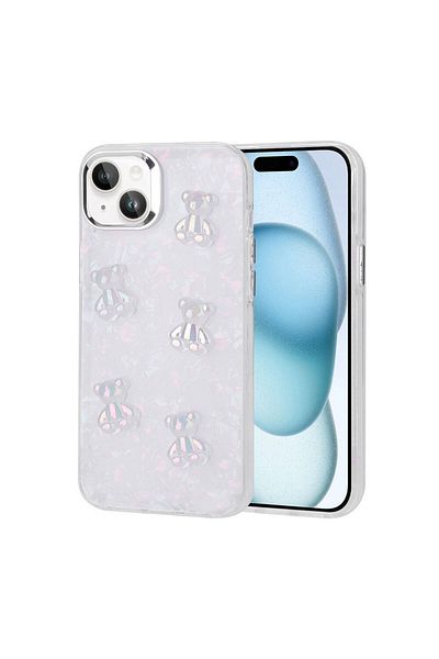 noktaks متوافق مع هاتف iPhone 15 Plus - غطاء سيليكون لامع مع مجسمات منقوشة - دب - T29589