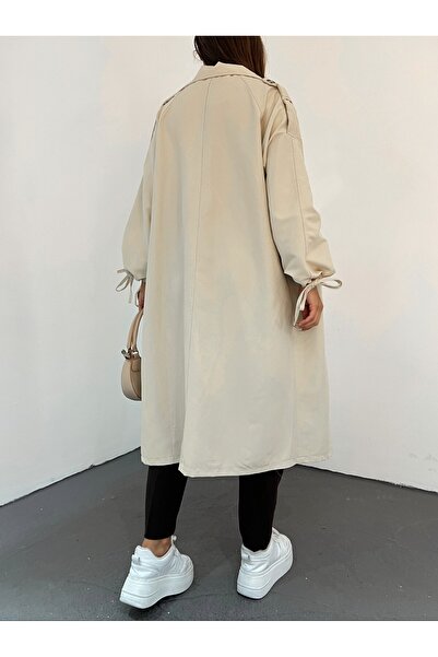 Modamorfo Kapaklı Cepli Kolu Bağcıklı Trençkot -taş