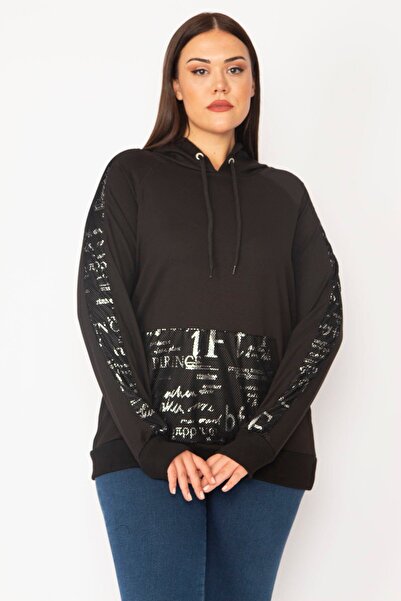 Şans Women's Large Size Black Lacquer Print and Mesh Detailed Hooded Kangaroo Pocket Sweatshirt 65n28358
