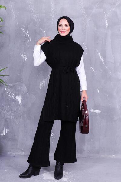 Nergis Neva Butik طقم سترة بحزام وشعر مجدول بياقة مدورة