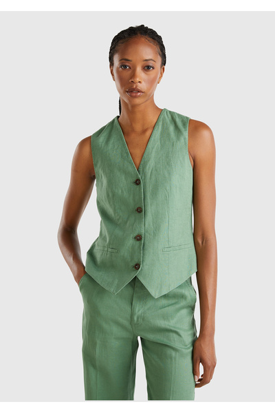 United Colors of Benetton Women's Mint Green 100% Linen Front Buttoned V-Neck Vest