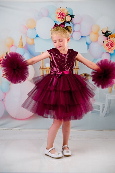 Delfini kids Kız Çocuk Tokalı Ponpon Kollu Abiye Parti Doğum Günü Elbisesi