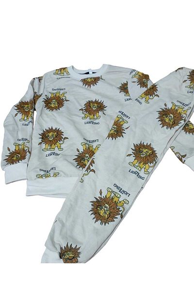 Esra Butik Hane Men's Gray Teen and Children's Lion Patterned Long Sleeve Winter Warm Pajamas Set