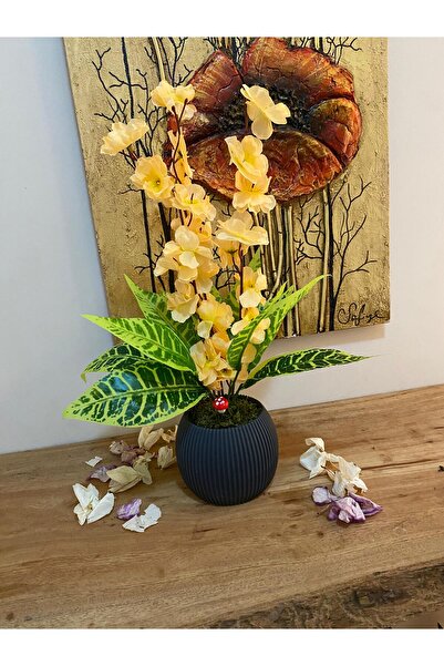La bella bazar 40CM Saksılı Yapay Çiçek Dekoratif Masa Balkon Çiçeği Doğal Taş Yosunlu Masa Üstü Dekorasyon 40CM