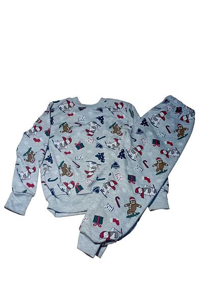 Esra Butik Hane Men's Gray Youth and Children's Snowman Patterned Long Sleeve Winter Warm Pajama Set