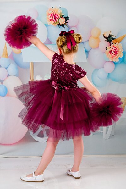 Delfini kids Kız Çocuk Tokalı Ponpon Kollu Abiye Parti Doğum Günü Elbisesi