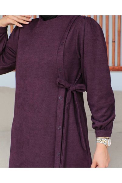 Nevayla Moda Bağlamalı çıt çıt Detaylı ferace , Mürdüm