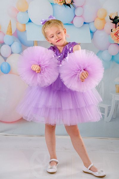 Delfini kids Rochie de seara aniversara cu catarama si maneci pompon pentru fete