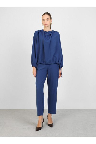 Refka Aerobin Drawstring Detailed Blouse & Trousers Set - Navy Blue -