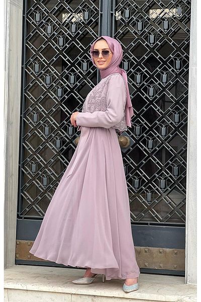 EkshiButik طقم عباية نوركان جيتين ليلك - 7638