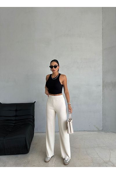 Ozy Fashion Cream Women's Knitwear Trousers - Tri001