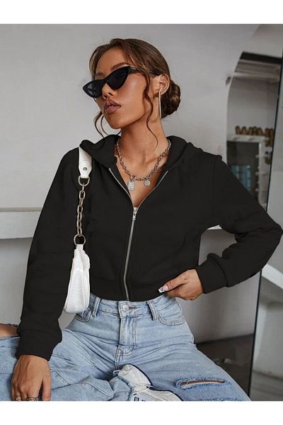 Know Women's Black Hooded Zippered Crop Cardigan