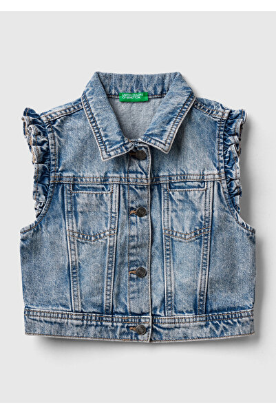 United Colors of Benetton Kız Çocuk Mavi Kolları Fırfırlı Geniş Kesim Ağartılmış Denim Yelek