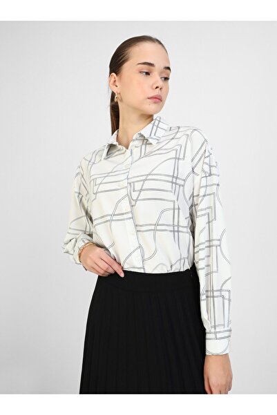 Refka Geometrik Desenli Şık Gömlek - Beyaz - Refka