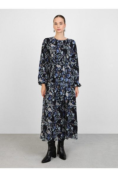 Refka Floral Patterned Balloon Sleeve Chiffon Hijab Dress - Floral Pattern - Refka
