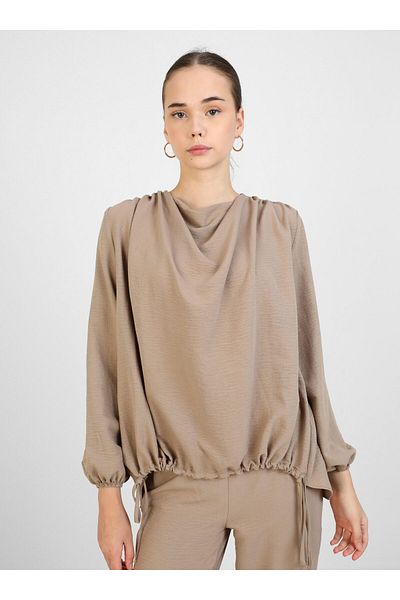 Refka Beige Aerobin Blouse and Trousers Set - Drawstring Detail