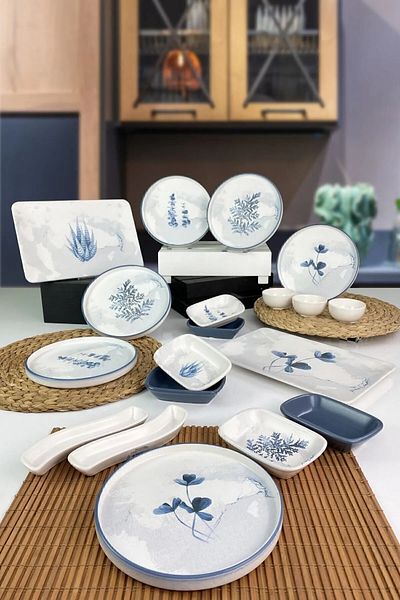 Keramika Blue Floral Patterned 19 Piece Breakfast Set for 6 People