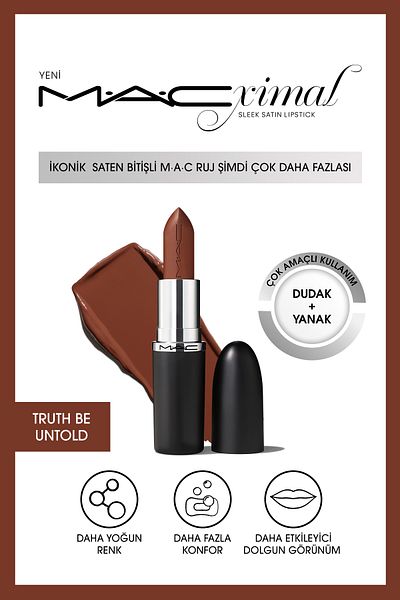 M.A.C Macximal Sleek Satin Lipstick - Iconic Lipstick-Truth Be Untold 3.5Gm