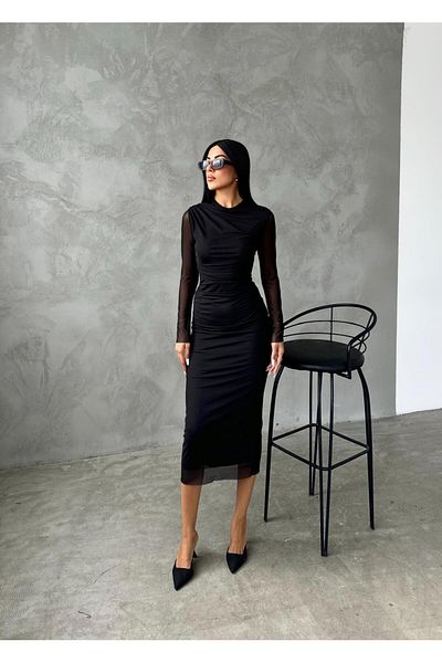 giyimmasalı Tulle Fabric Drape Detailed Pencil Dress - Black
