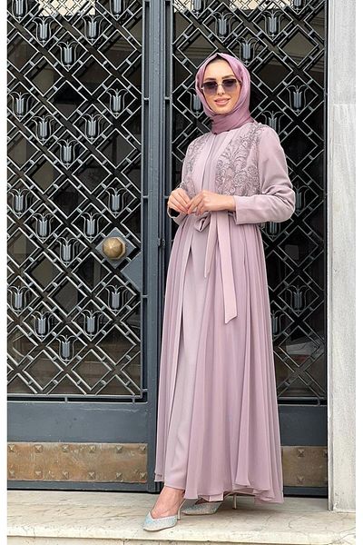 EkshiButik طقم عباية نوركان جيتين ليلك - 7638