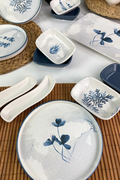 Keramika Mavi Çiçek Desenli 19 Parça 6 Kişilik Kahvaltı Takımı