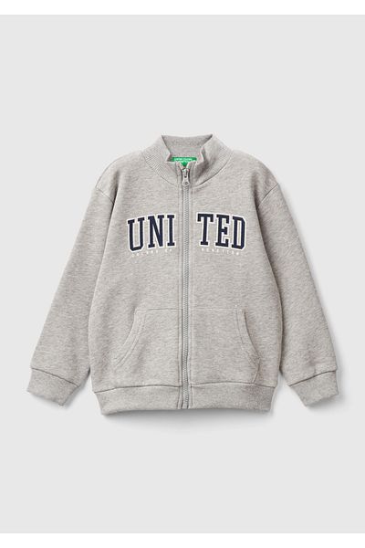 United Colors of Benetton Boy's Gray Melange Logo Printed Pocket Zippered Stand Collar Sweatshirt