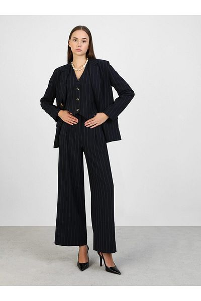 Refka Navy Blue Striped Loose Cut Classic Fabric Trousers - Navy Blue Striped - Refka