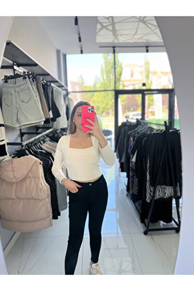 Şevval saraç butik Bej Renk Kare Yaka Basic Buzzy Bluz