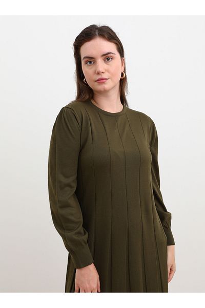 ALİA Neck Pleated Large Size Knitwear Dress - Khaki - Alia