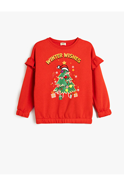 Koton Christmas Tree Printed - Frilly and Pompom Detailed Sweat