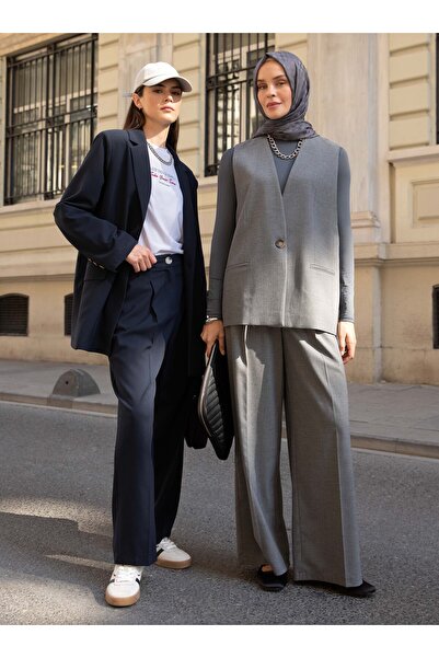 Benin Straight Fit Fabric Trousers with Pleated Detail - Navy Blue - Benin