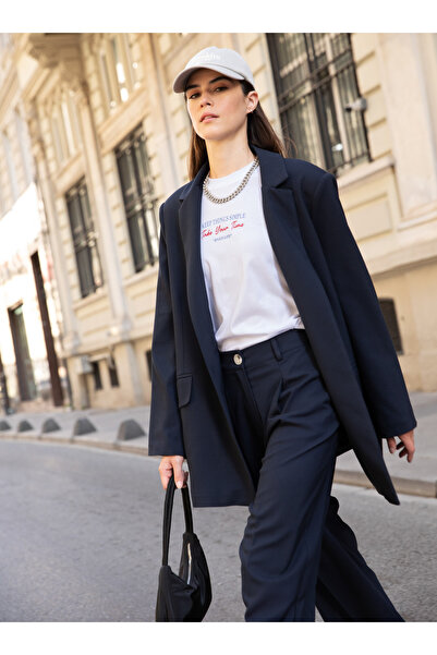 Benin Straight Fit Fabric Trousers with Pleated Detail - Navy Blue - Benin