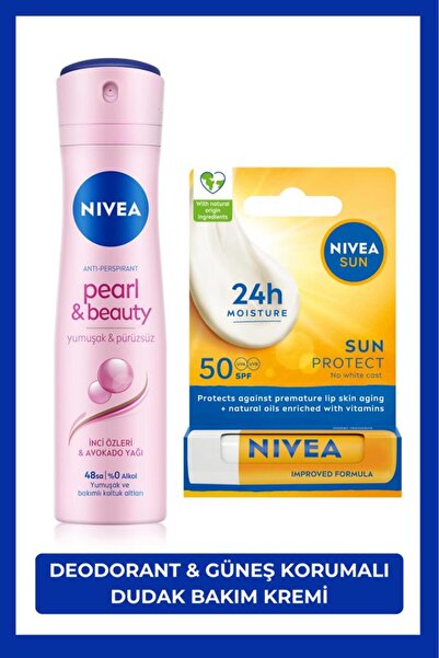 NIVEA Kadın Sprey Deodorant Pearl&Beauty 150ml ve Yüksek Güneş Korumalı Dudak Bakım Kremi, SPF50