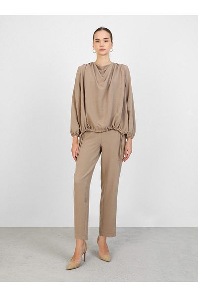 Refka Beige Aerobin Blouse and Trousers Set - Drawstring Detail