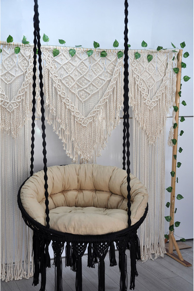 ALTINOLUK HAMAK Relakx Makrome Salıncak Bahçe Balkon Salıncağı (SİYAH) Bej Mi...