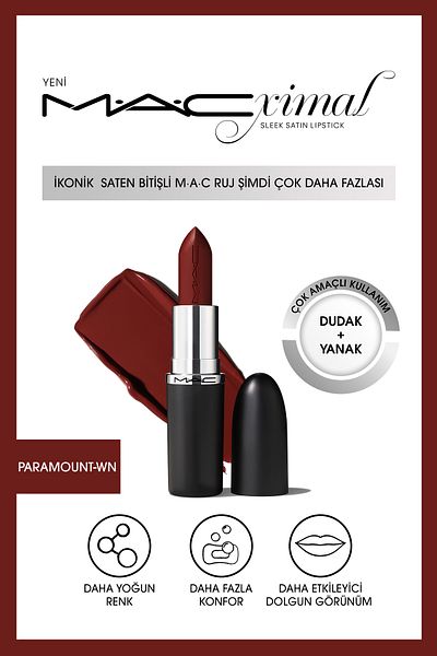 M.A.C Macximal Sleek Satin Lipstick Ikonik Satin Finish Lipstick-Paramount 3.5Gm