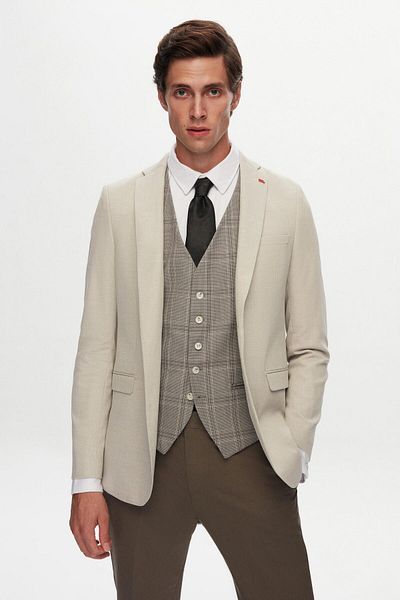 Twn Beige Slim Fit Viscose Mono Collar Suit - Dobby Combination