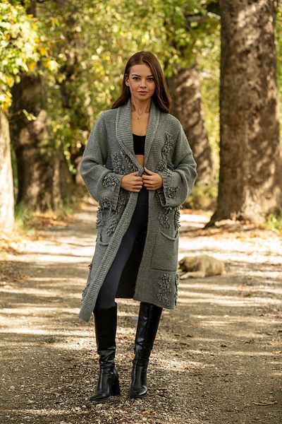 VerdeBlanco Gray Long Knitted Cardigan - Shawl Collar and Tassel Design