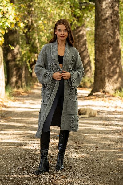 VerdeBlanco Gray Long Knitted Cardigan - Shawl Collar and Tassel Design