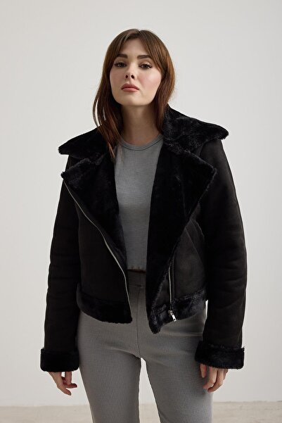 studiofashion Women's Black Premium Suede Fabric Short Coat with Fur Inside