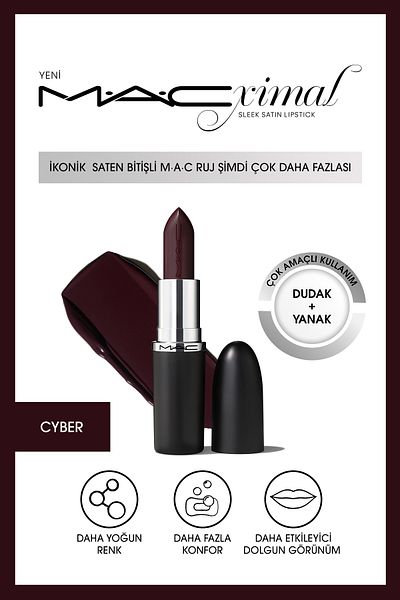 M.A.C Macximal Sleek Satin Lipstick Ikonik Satin Finish Lipstick-Cyber 3.5Gm