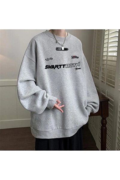 Genel Markalar Y2K Smarttooth Baskılı Gri Unisex Oversize Bisiklet Yaka Sweatshirt